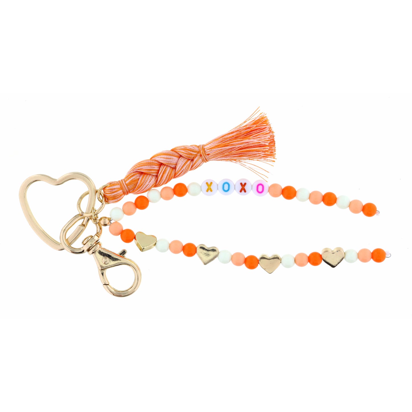 Kids Heart Key Ring, Orange, White Beaded Strands "XOXO" Keychain