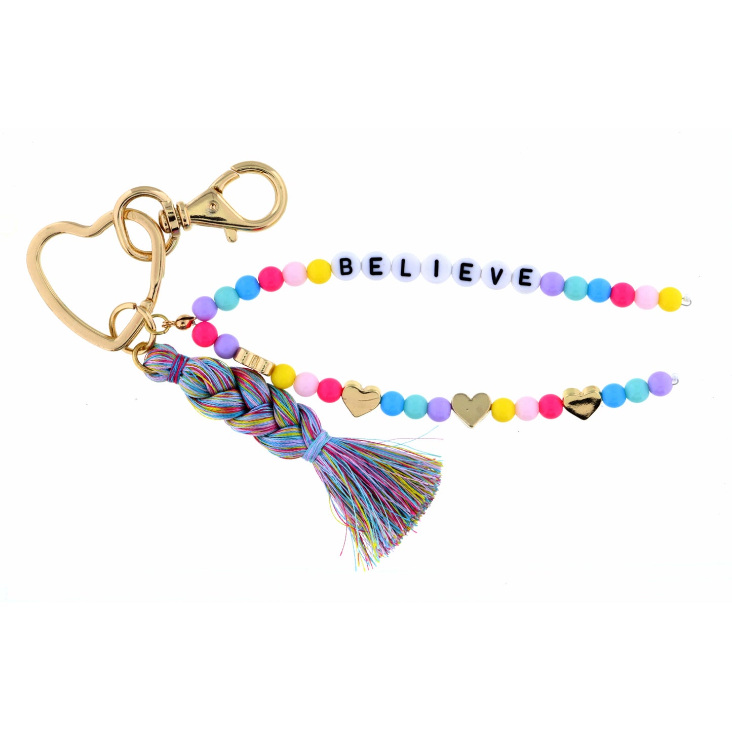 Kids Heart Key Ring, Multi Beaded Strands, "Believe" Keychain