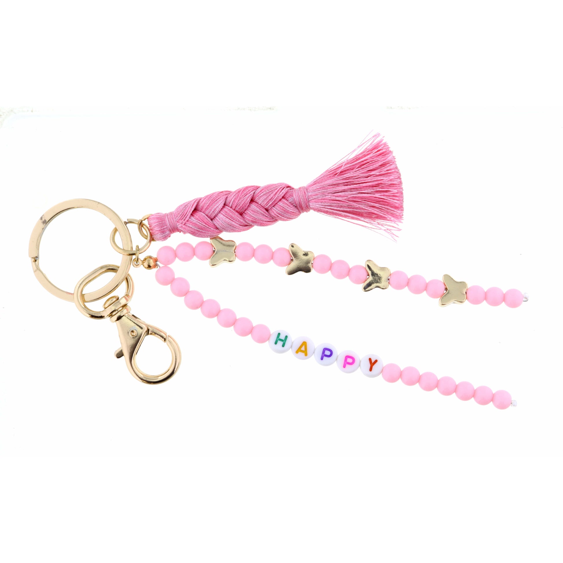 Kids Circle Key Ring, Pink Beaded Strands, "Happy" Keychain