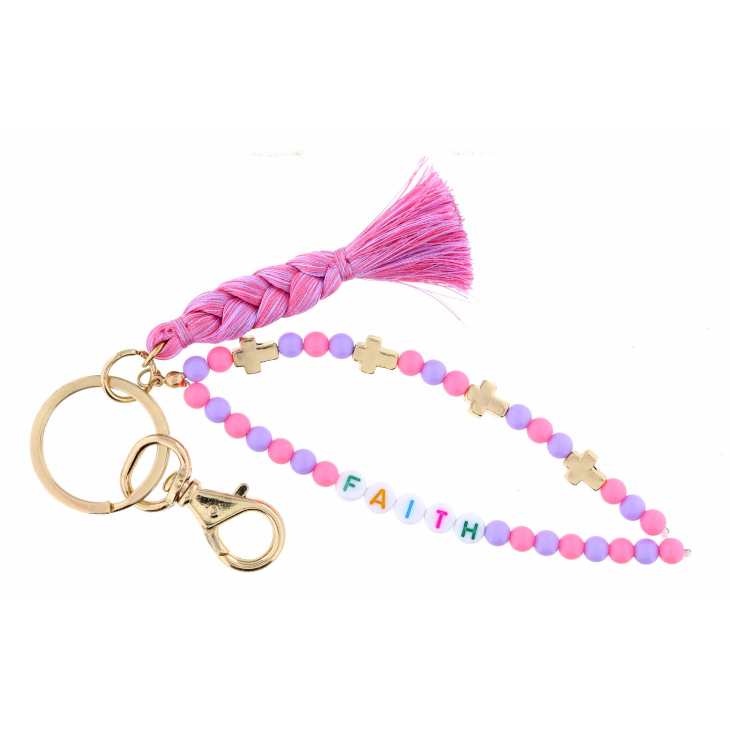 Kids Circle Key Ring, Pink, Lavender Beaded Strands, "Faith" Keychain