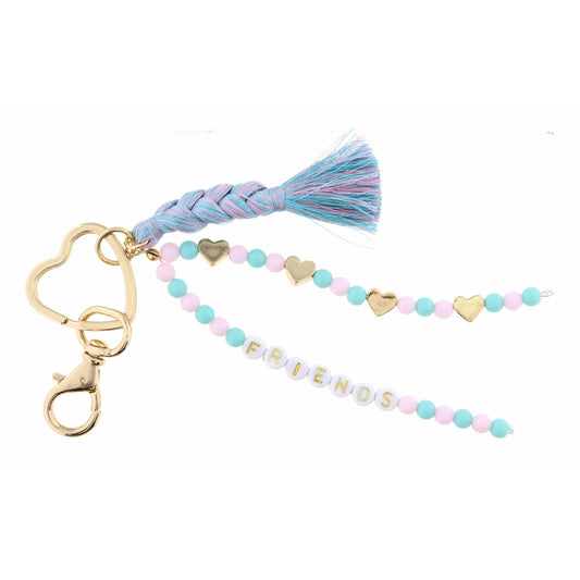 Kids Heart Key Ring, Mint, Light Pink Beaded Strands, "Friends" Keychain