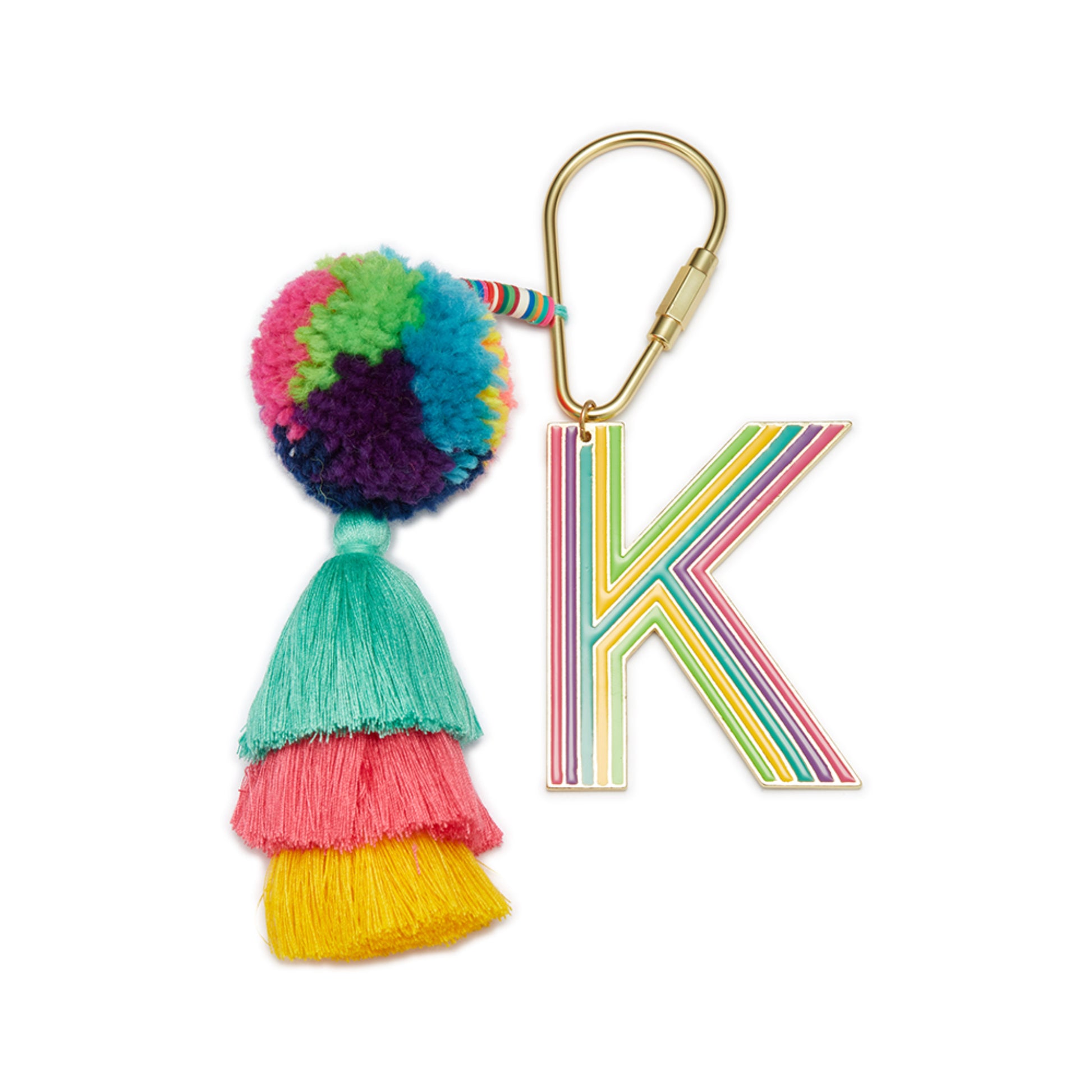Enamel "K" with Multi Rubber Disk with Multi Large Pom & Stacked Tassel Keychain