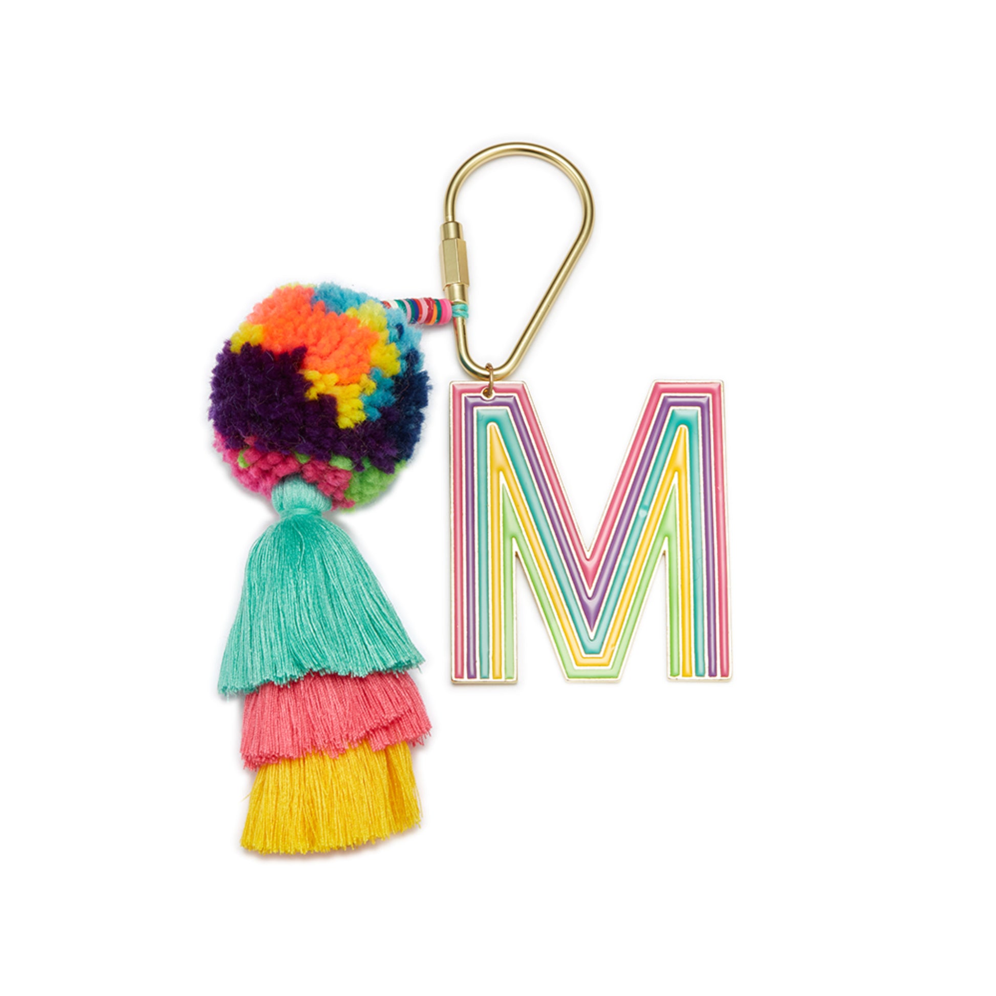 Enamel "M" with Multi Rubber Disk with Multi Large Pom & Stacked Tassel Keychain