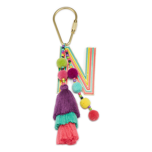 Enamel "N" with Multi Beaded Strands, Poms, Stacked Tassel Keychain