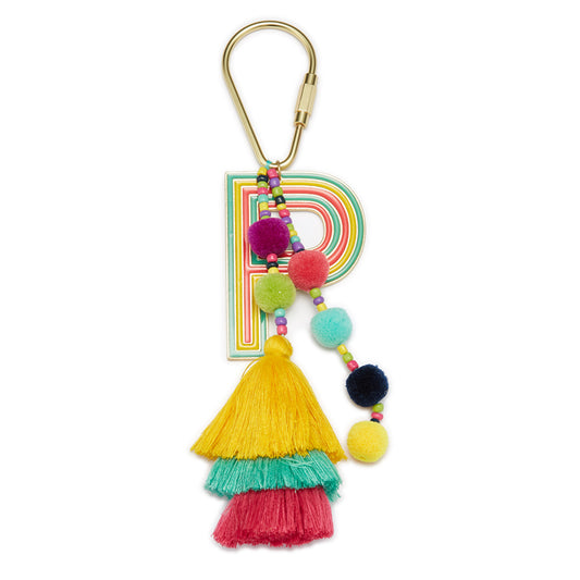 Enamel "P" with with Multi Beaded Strands, Poms, Stacked Tassel Keychain