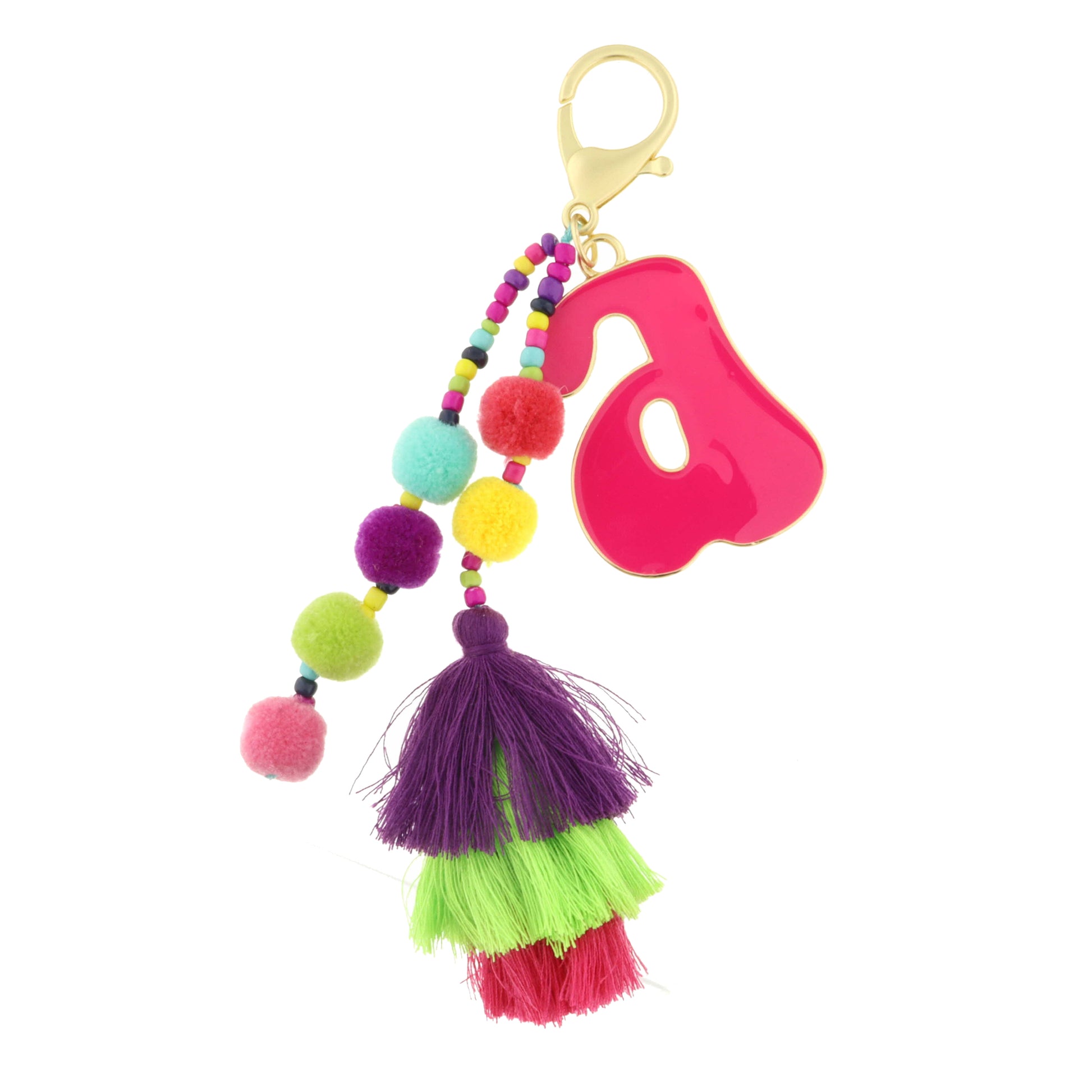 Enamel Pink "A" with Multi Beaded Strands, Poms, Stacked Tassel Keychain