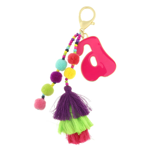 Enamel Pink "A" with Multi Beaded Strands, Poms, Stacked Tassel Keychain