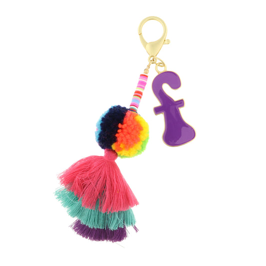 Enamel Purple "F" with Multi Rubber Sequins, Multi Pom, Stacked Tassel Keychain