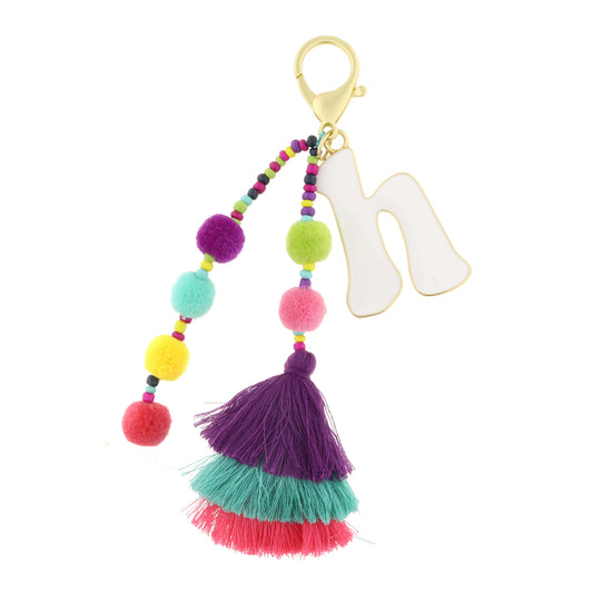 Enamel White "H" with Multi Beaded Strands, Poms, Stacked Tassel Keychain