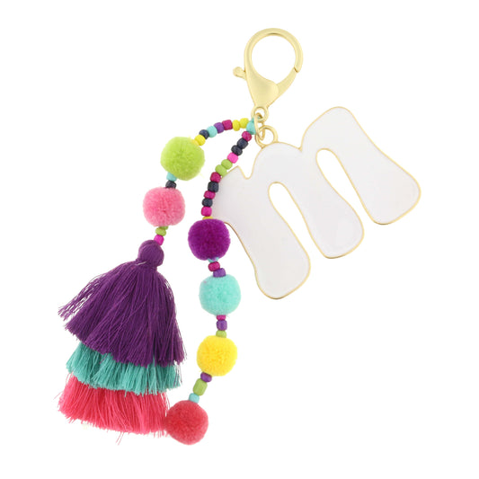 Enamel White "M" with Multi Rubber Sequins, Pom, Stacked Tassel Keychain
