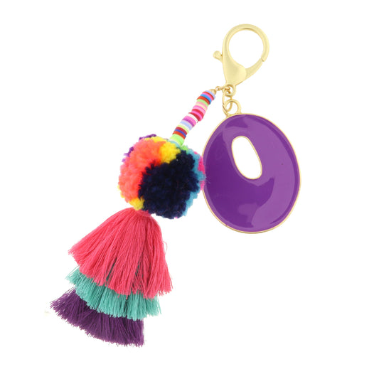 Enamel Purple "O" with Multi Rubber Sequins, Pom, Stacked Tassel Keychain