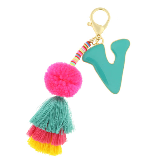 Enamel Teal "V" with Multi Rubber Sequins, Pom, Stacked Tassel Keychain