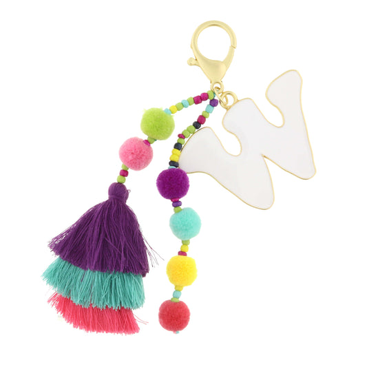 Enamel White "W" with Multi Beaded Strands, Poms, Stacked Tassel Keychain