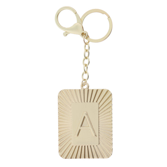 Gold Sunburst Textured Rectangle with "A" Initial Center Plate Keychain