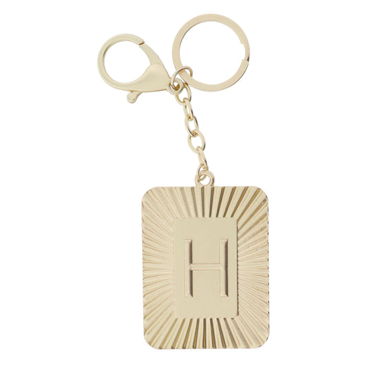 Gold Sunburst Textured Rectangle with "H" Initial Center Plate Keychain