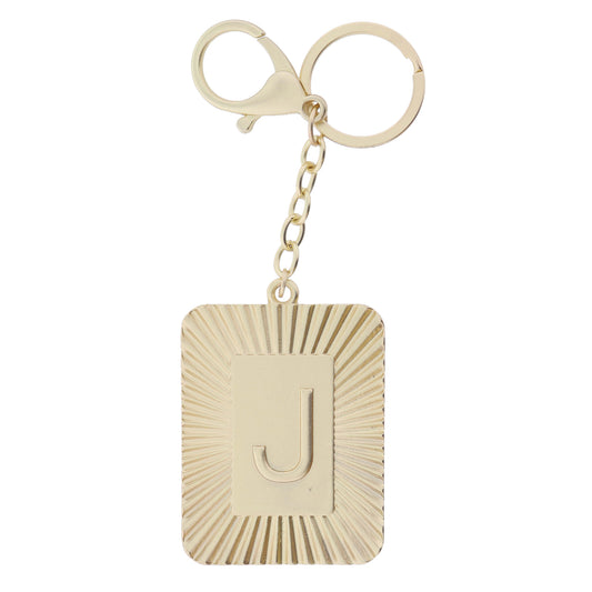Gold Sunburst Textured Rectangle with "J" Initial Center Plate Keychain
