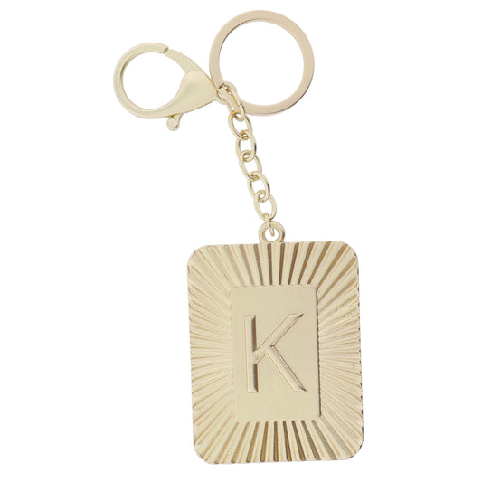 Gold Sunburst Textured Rectangle with "K" Initial Center Plate Keychain