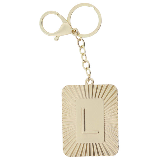 Gold Sunburst Textured Rectangle with "L" Initial Center Plate Keychain