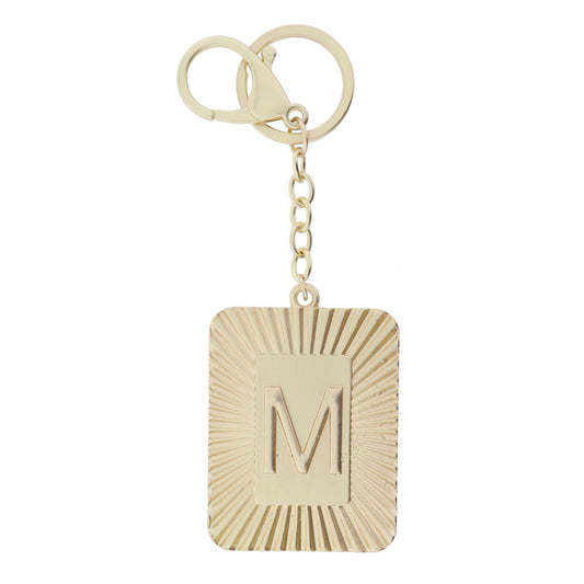 Gold Sunburst Textured Rectangle with "M" Initial Center Plate Keychain