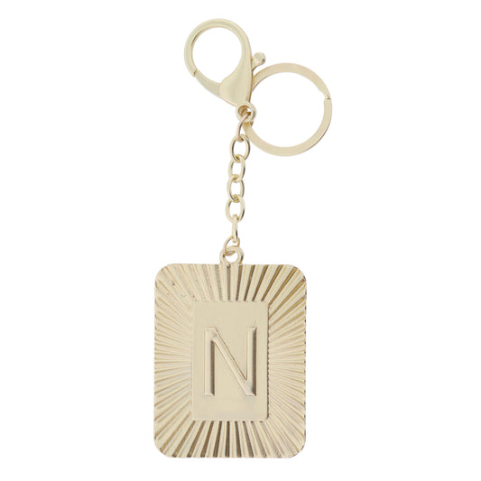 Gold Sunburst Textured Rectangle with "N" Initial Center Plate Keychain