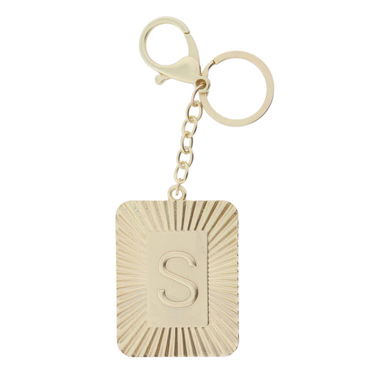 Gold Sunburst Textured Rectangle with "S" Initial Center Plate Keychain