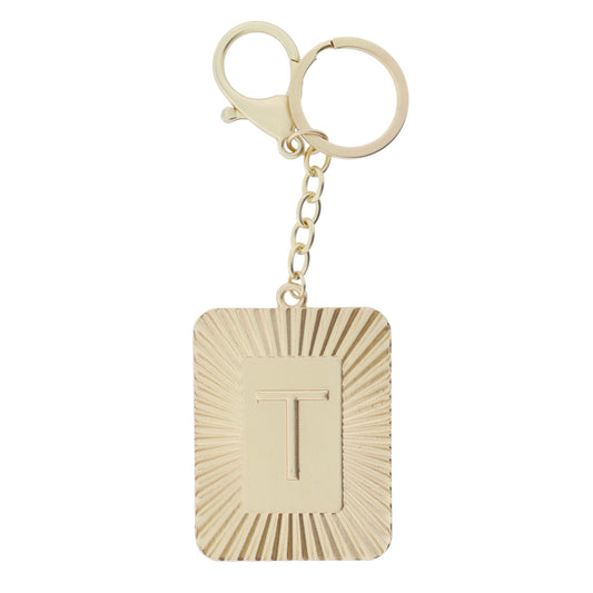 Gold Sunburst Textured Rectangle with "T" Initial Center Plate Keychain