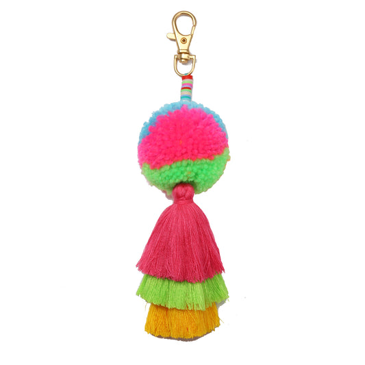 Rubber Sequins with Multi Pom and Hot Pink, Lime Green, Yellow Tiered Tassel Keychain