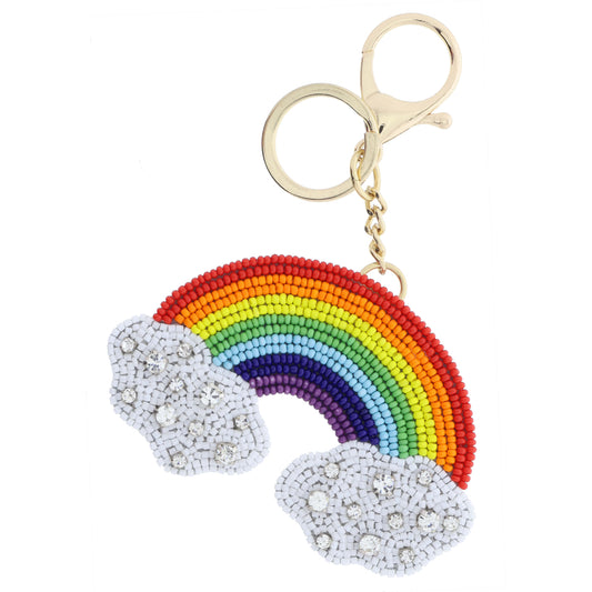 Multi Rainbow with White and Crystal Accented Clouds Keychain