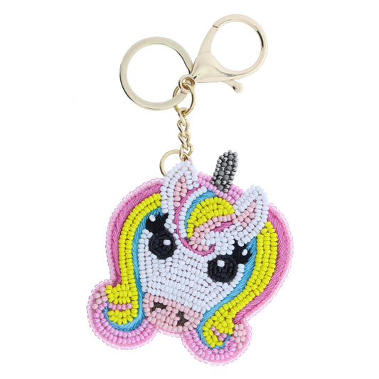 Pink, Yellow, Turquoise, White Beaded Unicorn Head Keychain