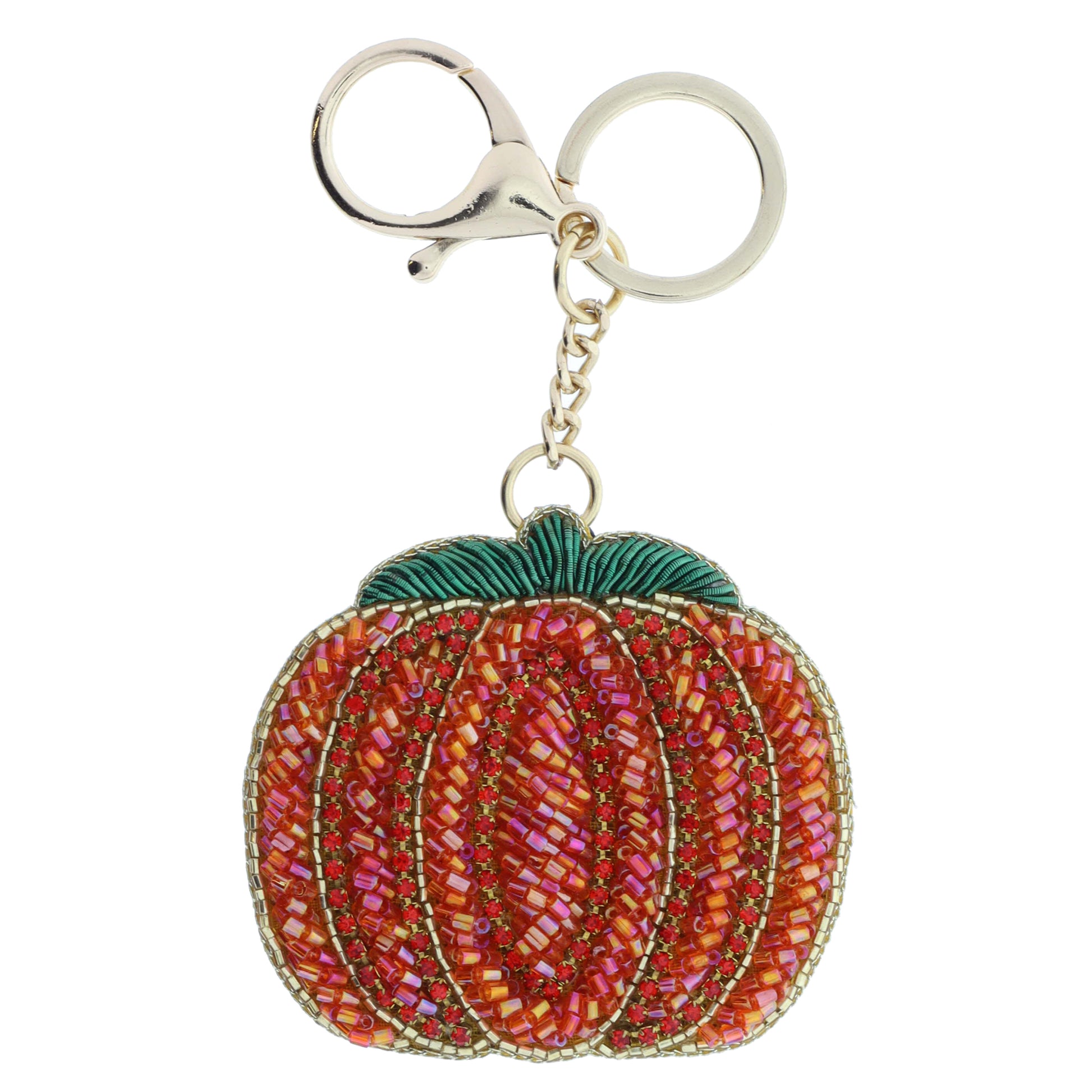 Orange Beaded and Crystal Accented Pumpkin Keychain