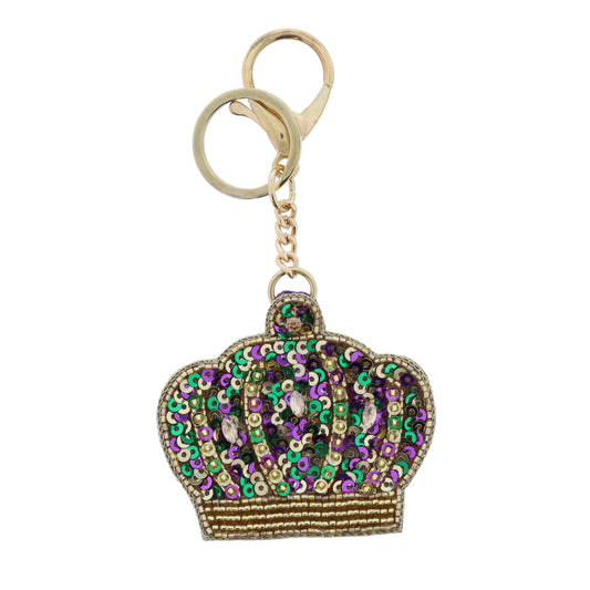 Multi Gold, Green, Purple Sequin and Gold Beaded Crown Keychain
