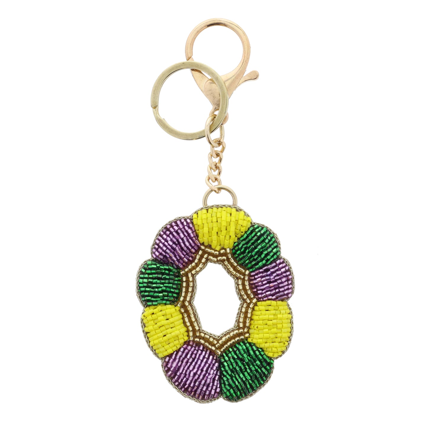 Multi Yellow, Green, Purple, Gold Beaded King Cake Keychain