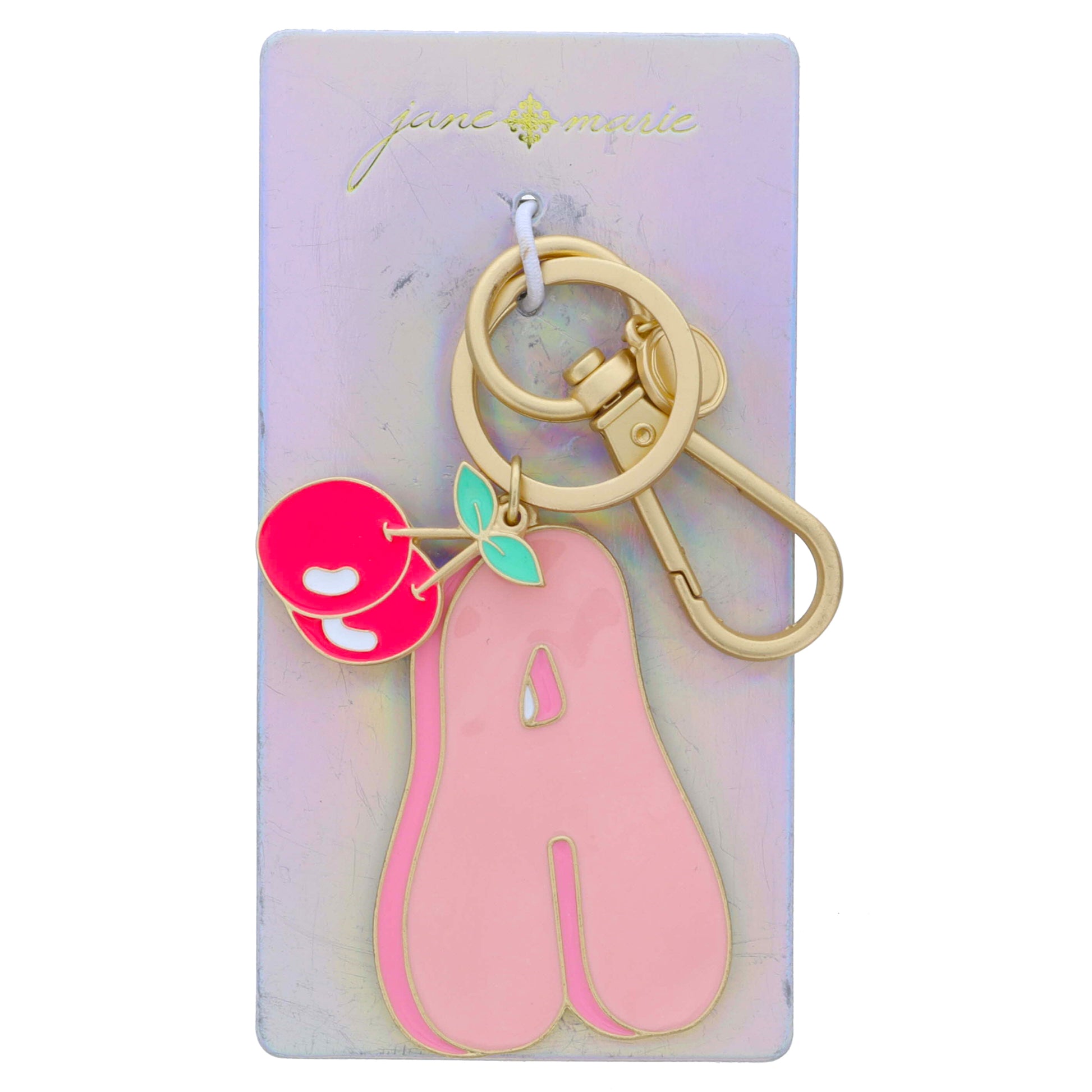 Multi Pink Enamel Retro Bubble "A" with Hot Pink Enamel Cherries Charm Keychain, 2", 1" Top to Bottom