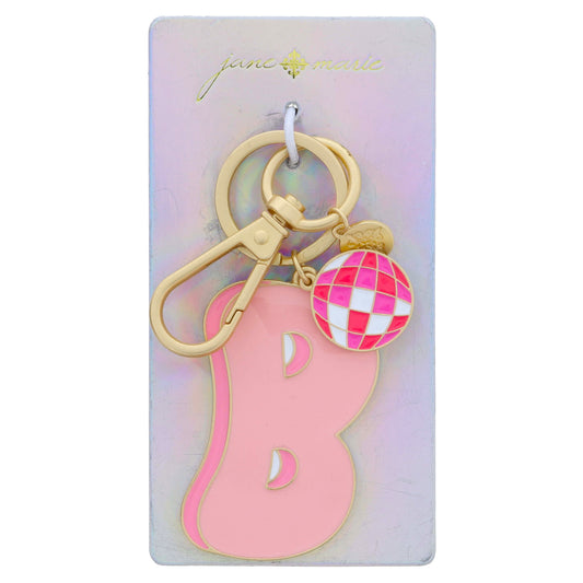Multi Pink Enamel Retro Bubble "B" with Multi Pinks Enamel Disco Ball Charm Keychain, 2", .75" Top to Bottom