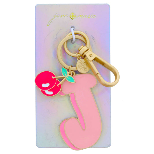 Multi Pink Enamel Retro Bubble "J" with Hot Pink Enamel Cherries Charm Keychain, 2", 1" Top to Bottom