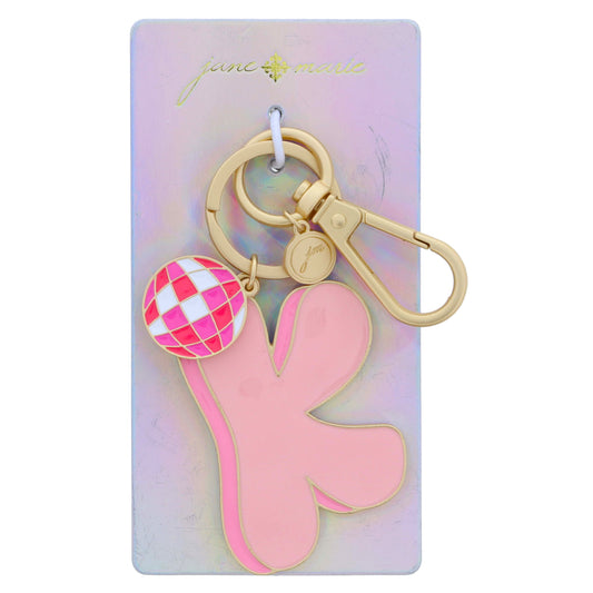 Multi Pink Enamel Retro Bubble "K" with Multi Pinks Enamel Disco Ball Charm Keychain, 2", .75" Top to Bottom