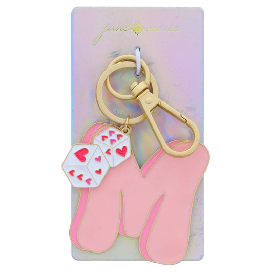 Multi Pink Enamel Retro Bubble "M" with Enamel Multi Pink Heart Dice Charm Keychain, 2", 1.25" Top to Bottom