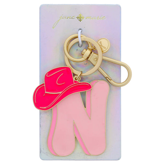 Multi Pink Enamel Retro Bubble "N" with Enamel Hot Pink Cowgirl Hat Charm Keychain, 2", 1.25" Top to Bottom