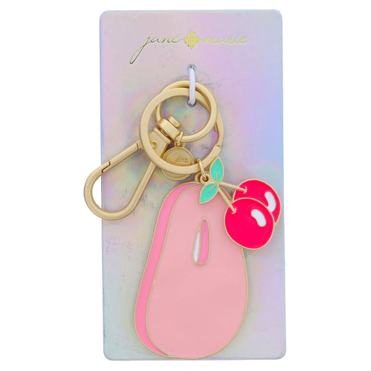 Multi Pink Enamel Retro Bubble "O" with Hot Pink Enamel Cherries Charm Keychain, 2", 1" Top to Bottom