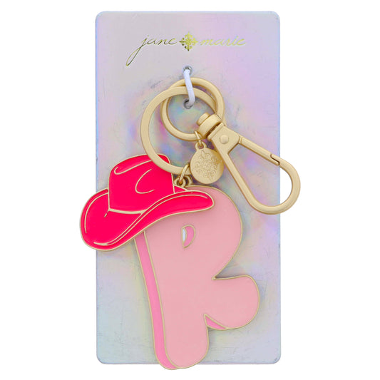 Multi Pink Enamel Retro Bubble "R" with Enamel Hot Pink Cowgirl Hat Charm Keychain, 2", 1.25" Top to Bottom
