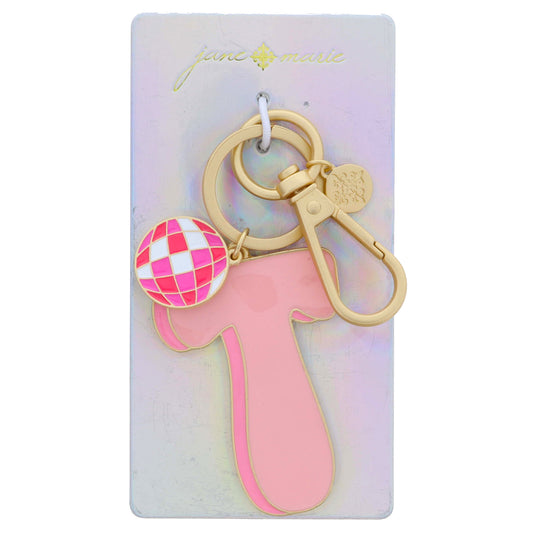 Multi Pink Enamel Retro Bubble "T" with Multi Pinks Enamel Disco Ball Charm Keychain, 2", .75" Top to Bottom