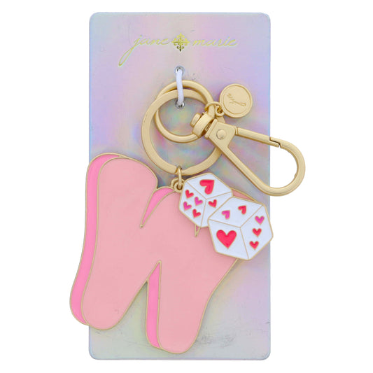Multi Pink Enamel Retro Bubble "W" with Enamel Multi Pink Heart Dice Charm Keychain, 2", 1.25" Top to Bottom