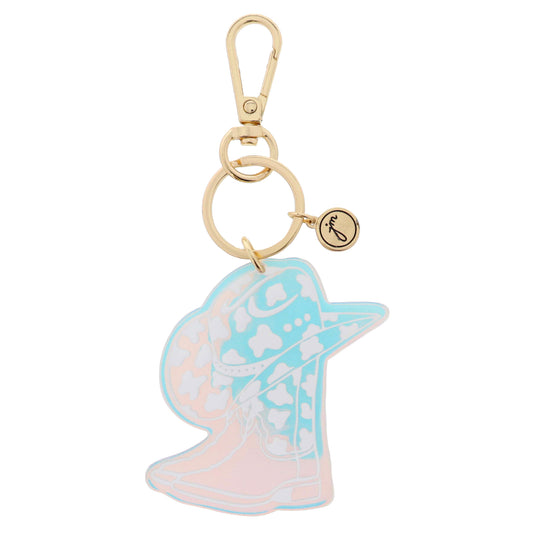 Iridescent Acrylic with White Cow Print Cowgirl Hat and Boots Keychain, 2.5" Top to Bottom