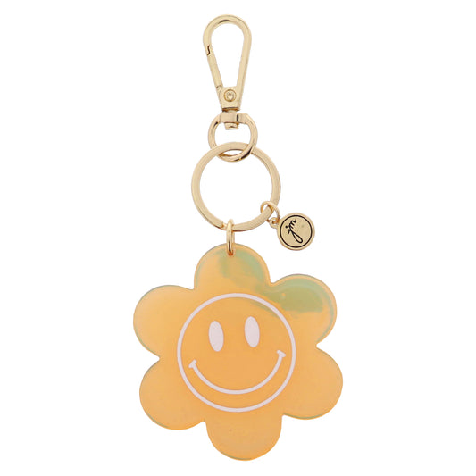 Peachy Iridescent Acrylic White Happy Face Flower Keychain, 2.5" Top to Bottom