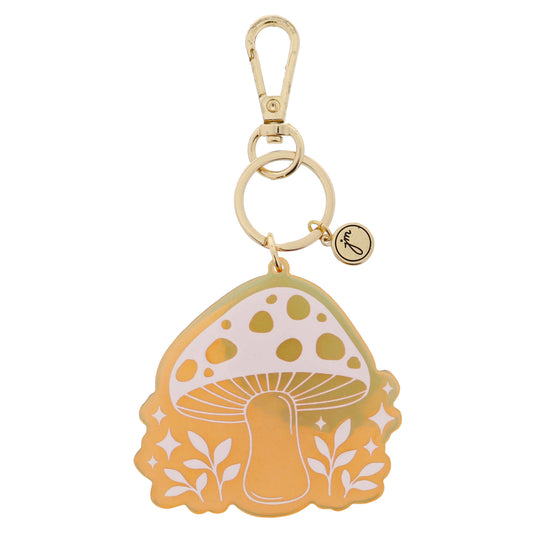 Peachy Iridescent Acrylic with White Mushroom with Sparkle Accents Keychain, 2.5" Top to Bottom
