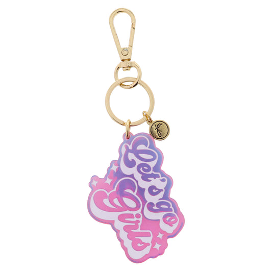Fuchsia Acrylic with White "Let's go Girls" and Sparkles Keychain, 2.5" Top to Bottom