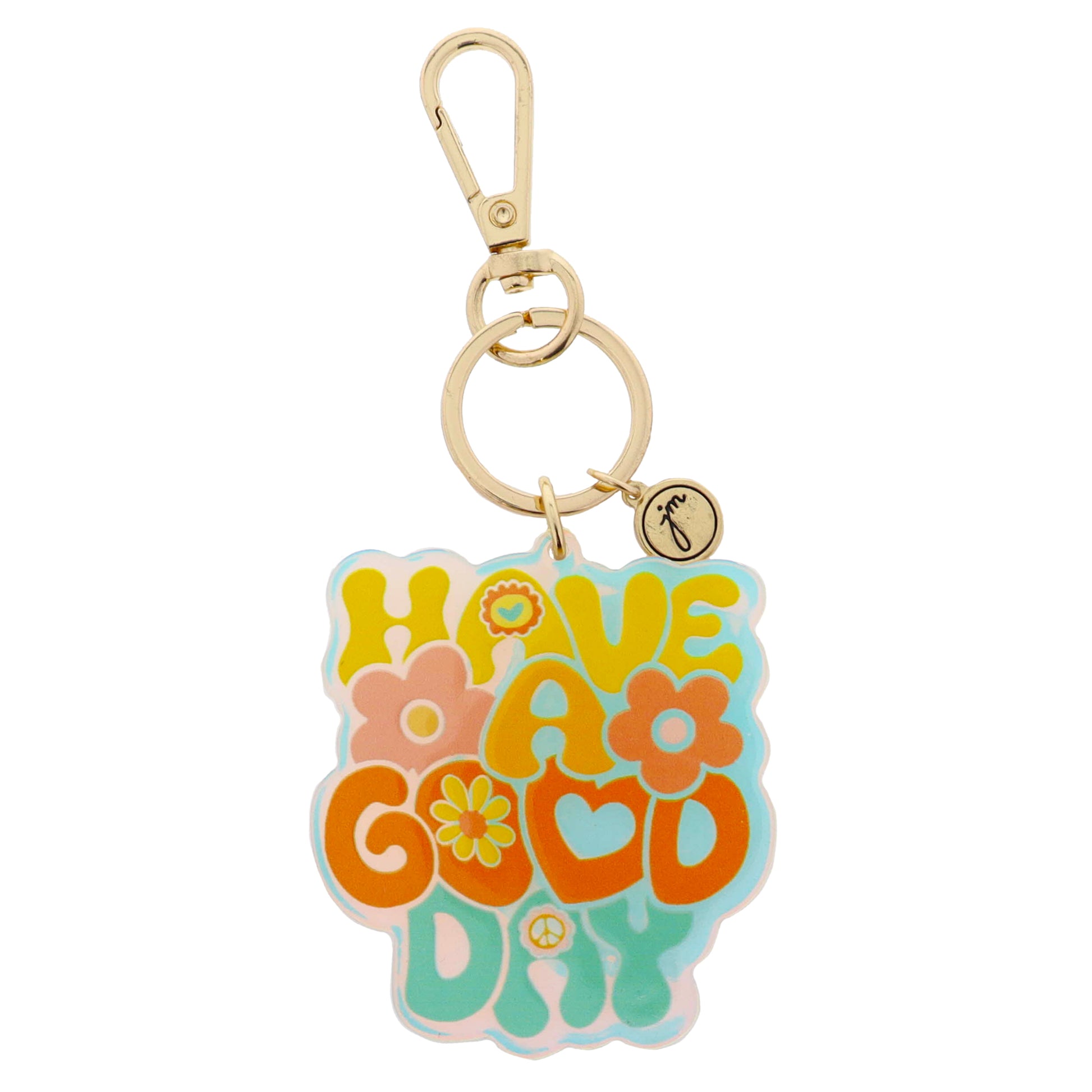 Iridescent Acrylic with Multi Retro "HAVE A GOOD DAY" & Floral Accents Keychain, 2.5" Top to Bottom