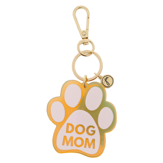 Peachy Iridescent Acrylic with White "DOG MOM" Paw Print Keychain, 2.35" Top to Bottom