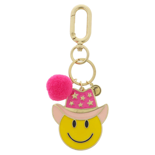 Hot Pink Pom, Multi Pink Enamel Star Cowgirl Hat and Yellow Happy Face Keychain, .85", 2.25" Top to Bottom