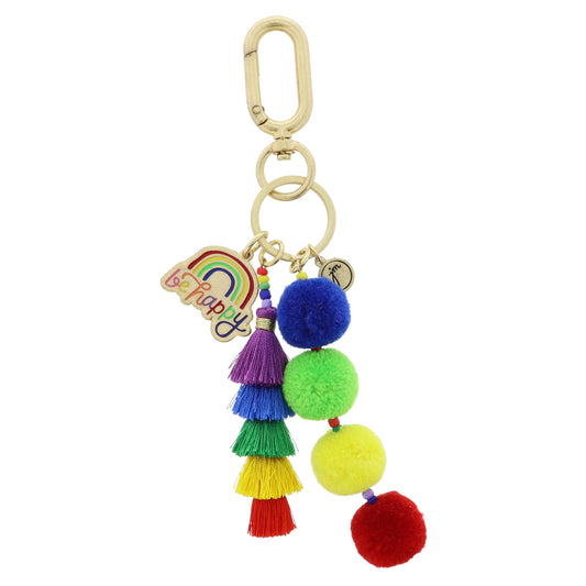 Multi Enamel Rainbow with Multi "be happy", Stacked Mini Rainbow Tassels, Stacked Multi Poms Keychain, 1", 3", 3.5" Top to Bottom